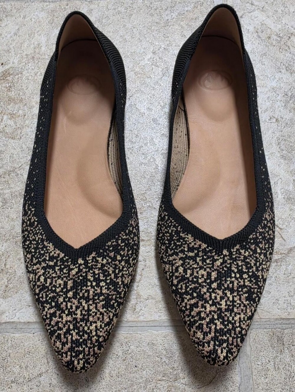 Pointed Knit Ballet Flats in Black and Tan